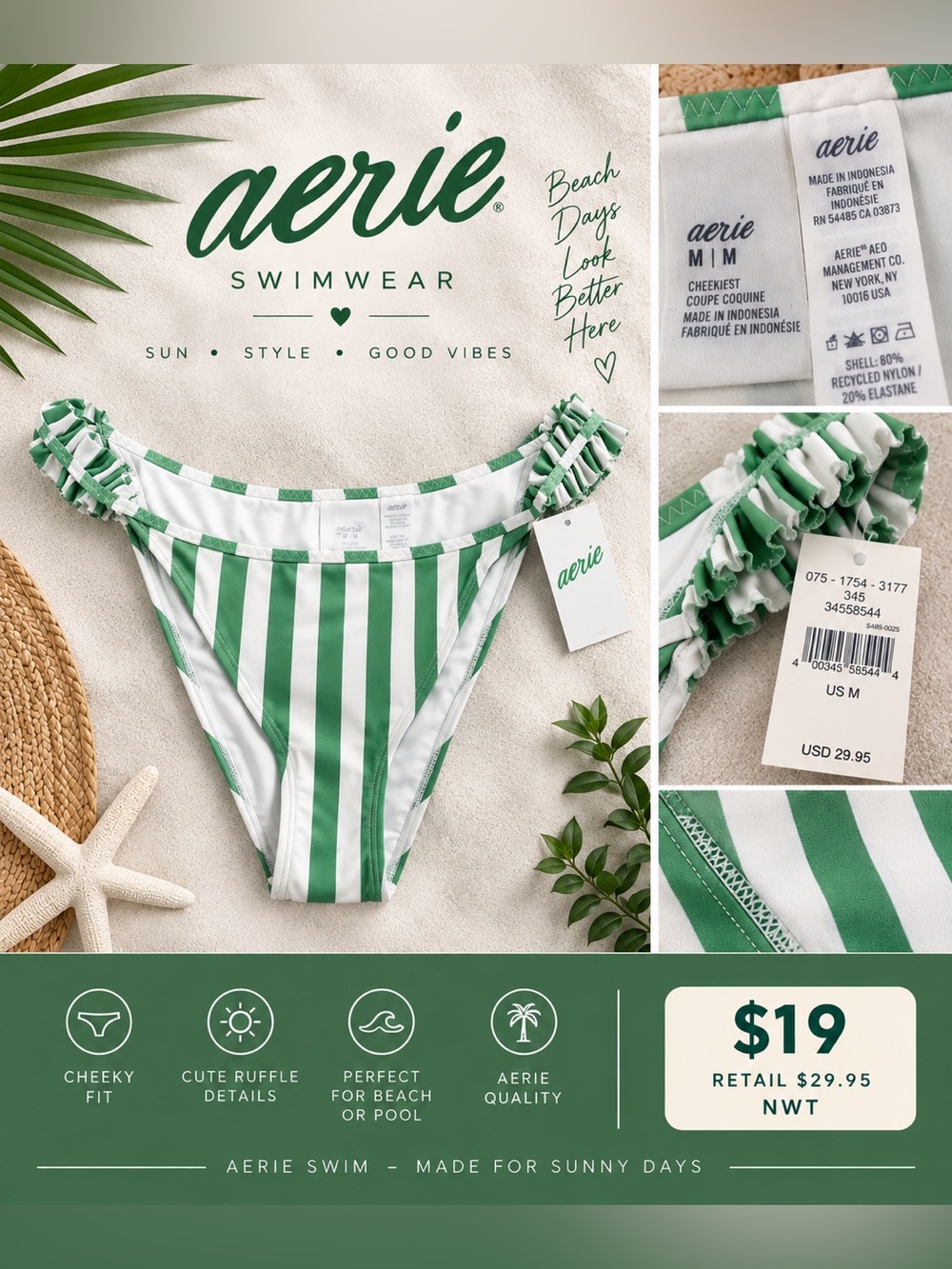 aerie Green & White Stripe Cheeky Bikini Bottom with Ruffle Sides